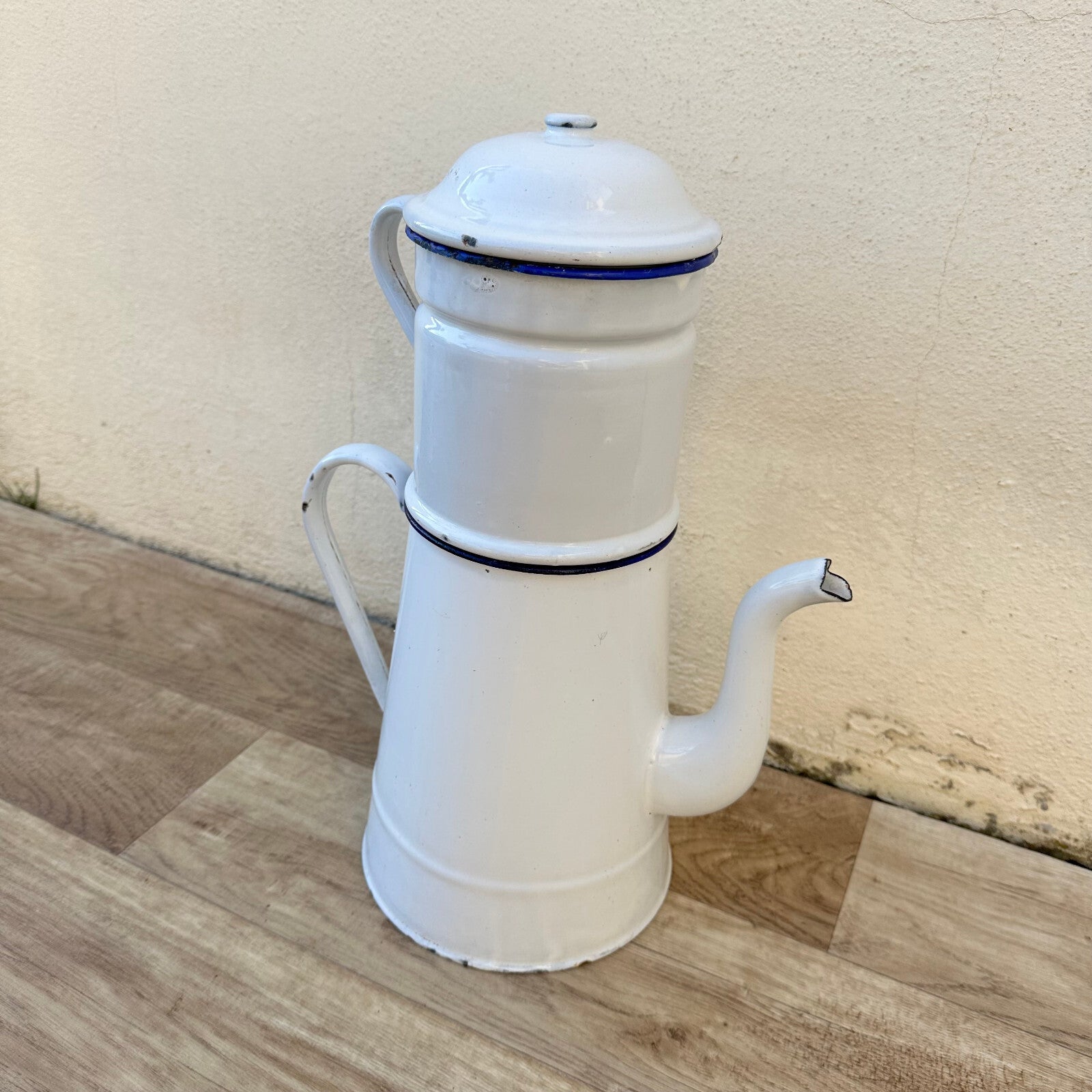 French Enamel Coffee Pot White Blue Trim Biggin Filter Vintage 1302233 Fleamarketfrance