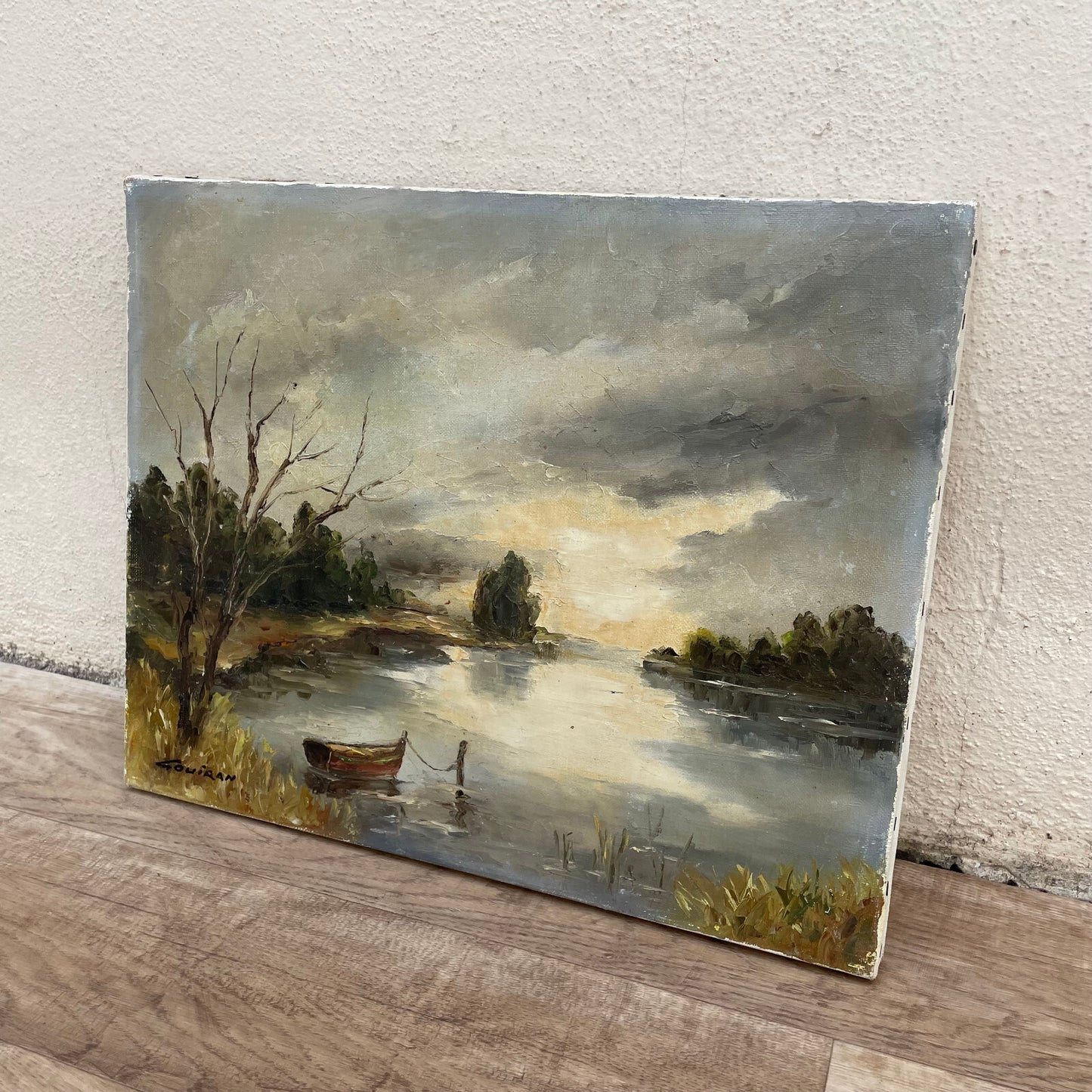 Vintage French Art Landscape Painting Campaign Lake Boat 1703252