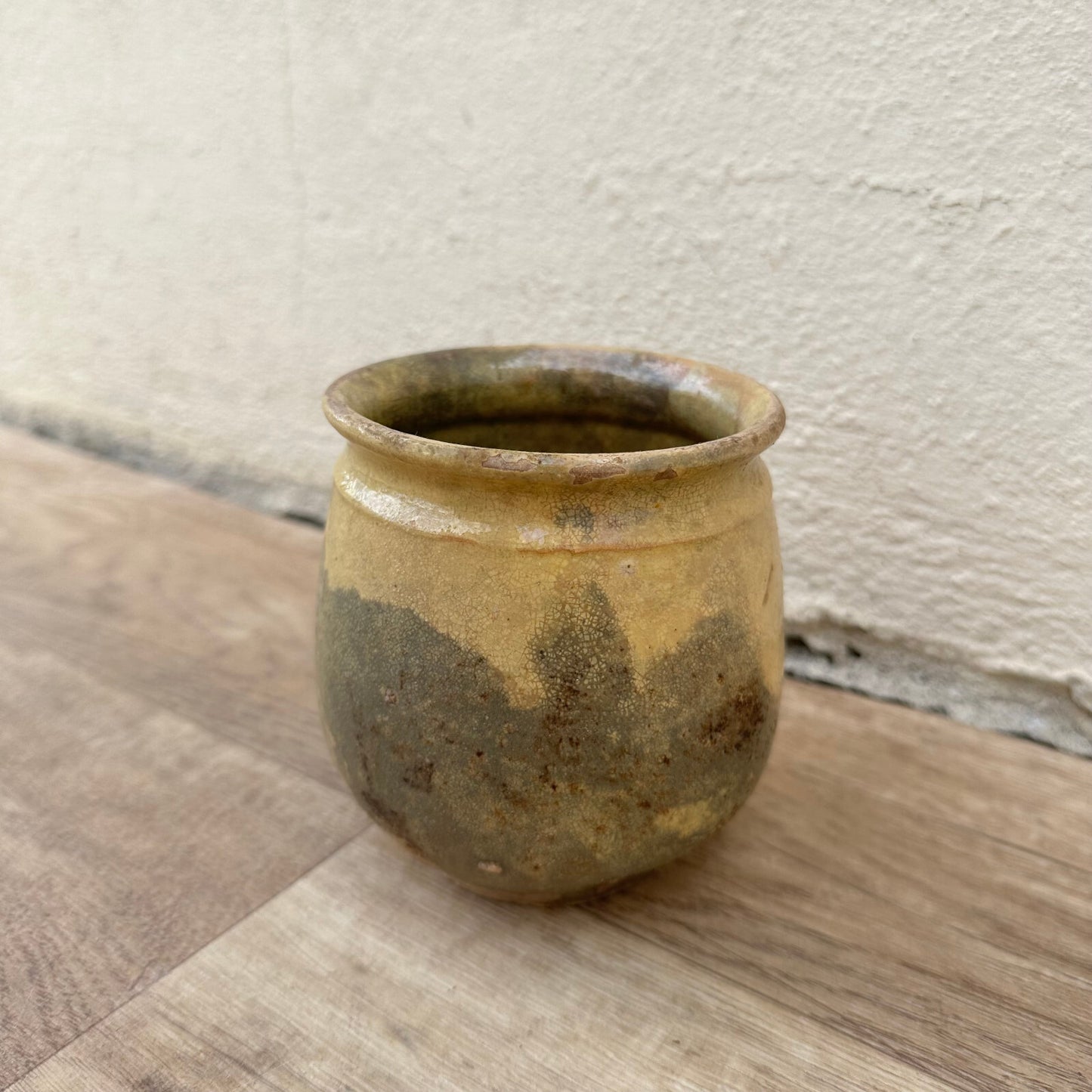 HANDMADE GLAZED YELLOW ANTIQUE FRENCH CONFIT POT SMALL STONEWARE 4 1/4" 1209241 Unmarked