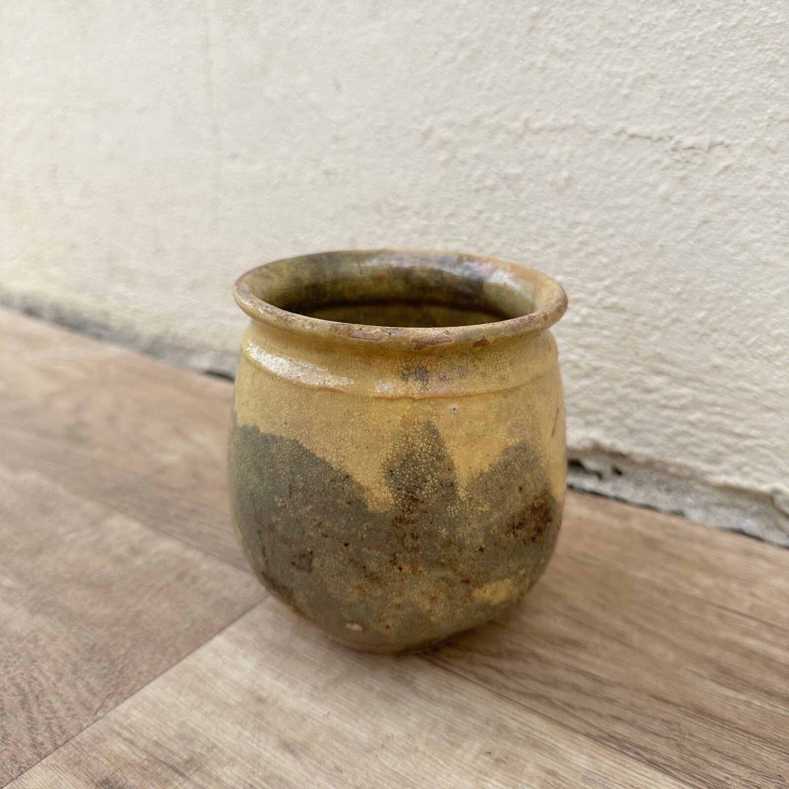 HANDMADE GLAZED YELLOW ANTIQUE FRENCH CONFIT POT SMALL STONEWARE 4 1/4" 1209241 Unmarked