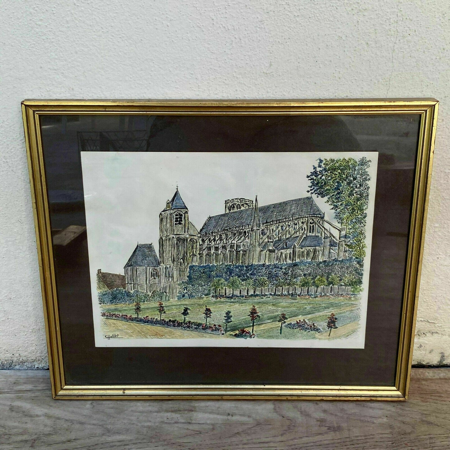 Vintage French Cathedral Watercolor Painting Signed Church Art 31102120 Fleamarketfrance