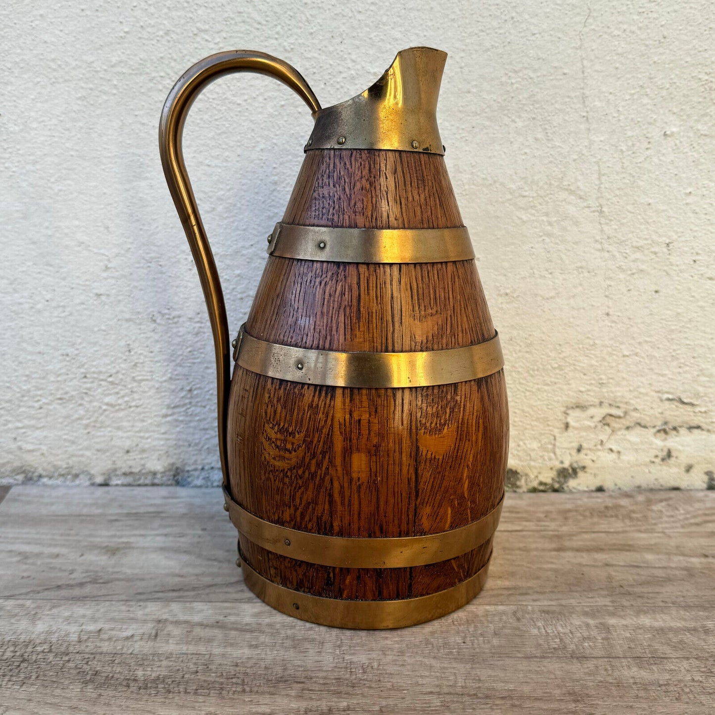 Vintage French Wooden Wine Cider Jug Pitcher Staved Wood Metal 9 3/4" 0405244 - Fleamarketfrance