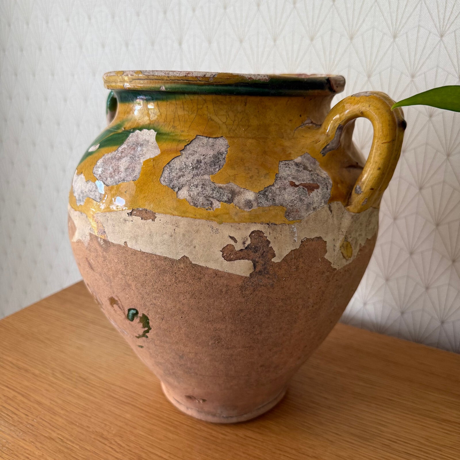 French Confit Pot Antique Terracotta Yellow Green Large Glazed 2302256 Unmarked