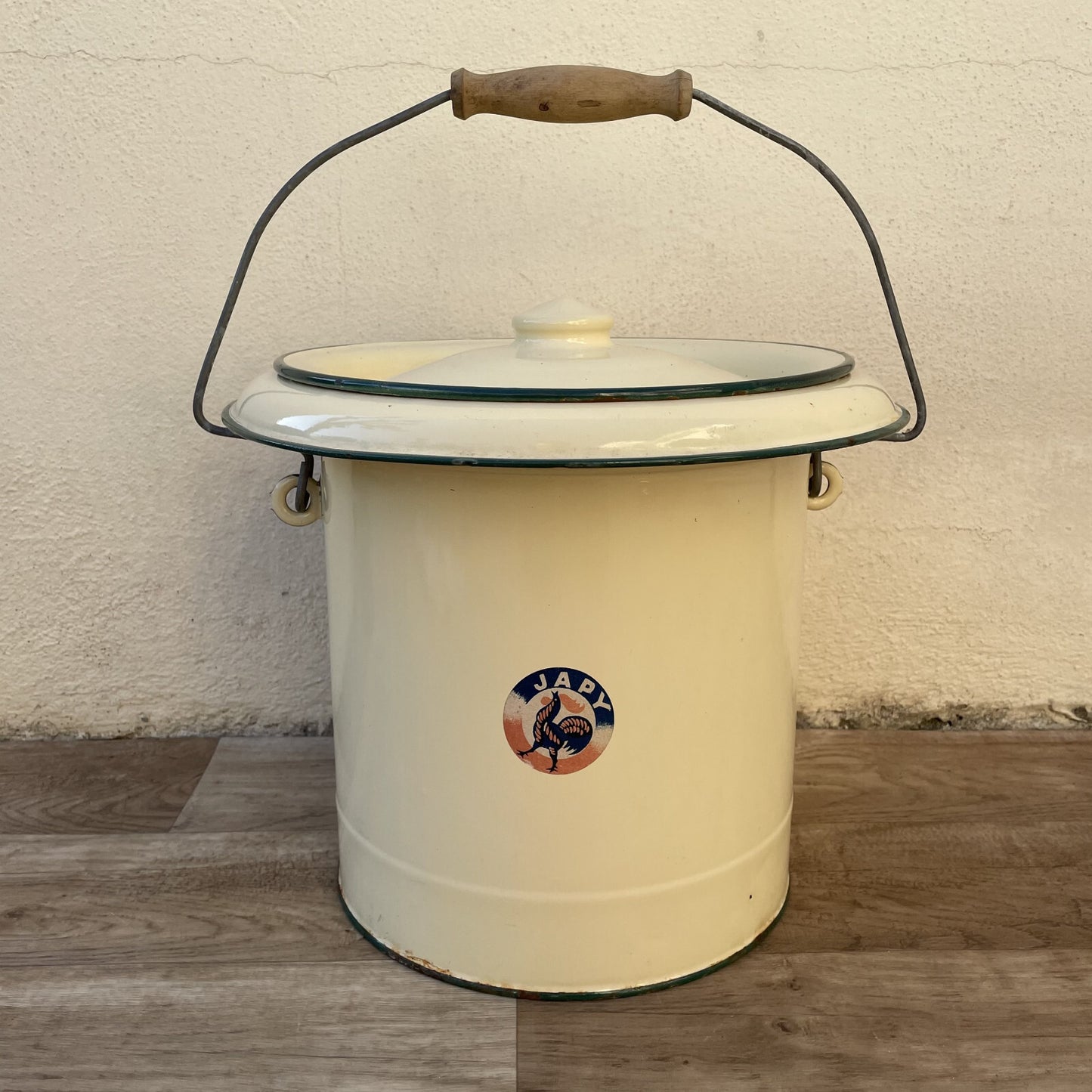 Vintage French Enamel water enameled bucket yellow tag JAPY bathroom 1512251 Fleamarketfrance