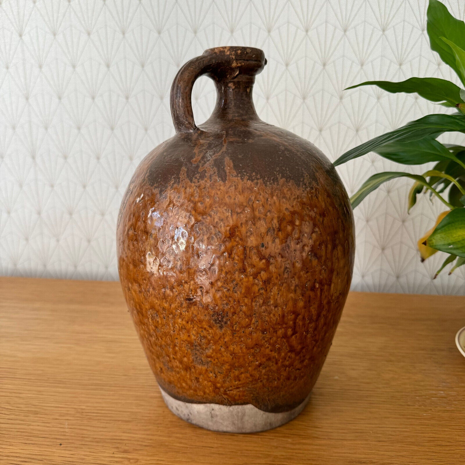 HANDMADE GLAZED BROWN ANTIQUE FRENCH STONEWARE JUG PITCHER 12 1/4" 15062413 - Fleamarketfrance