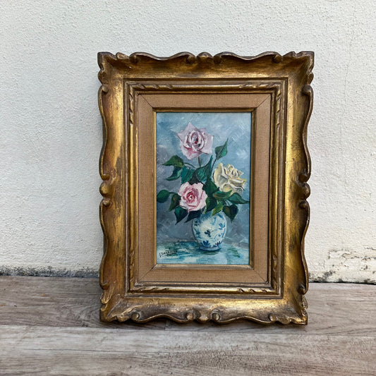 French Rose Painting Still Life Oil Canvas Signed L Julien Vintage 01112330 Fleamarketfrance