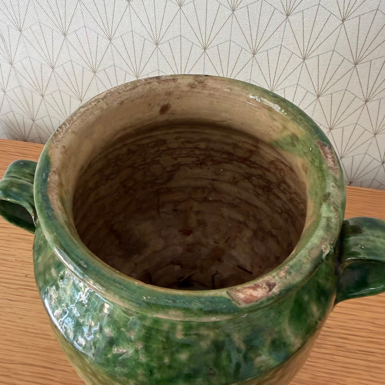Antique French Confit Pot Green Glazed Terra Cotta 2-Handle 1908268 Unmarked