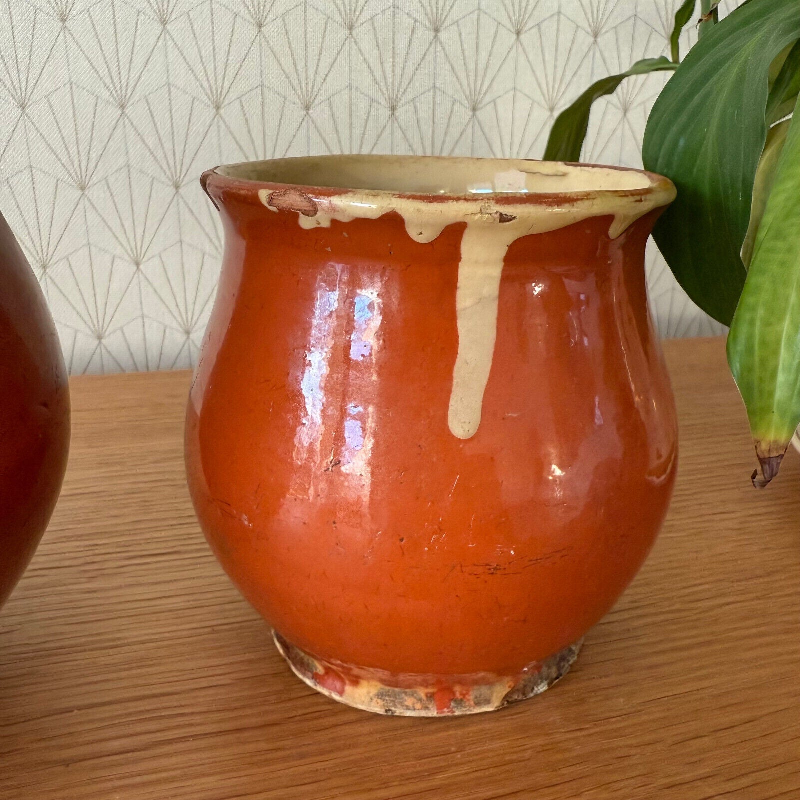 2 HANDMADE GLAZED RED YELLOW ANTIQUE 1850 FRENCH HONEY POTS TERRACOTTA 01122411 - Fleamarketfrance