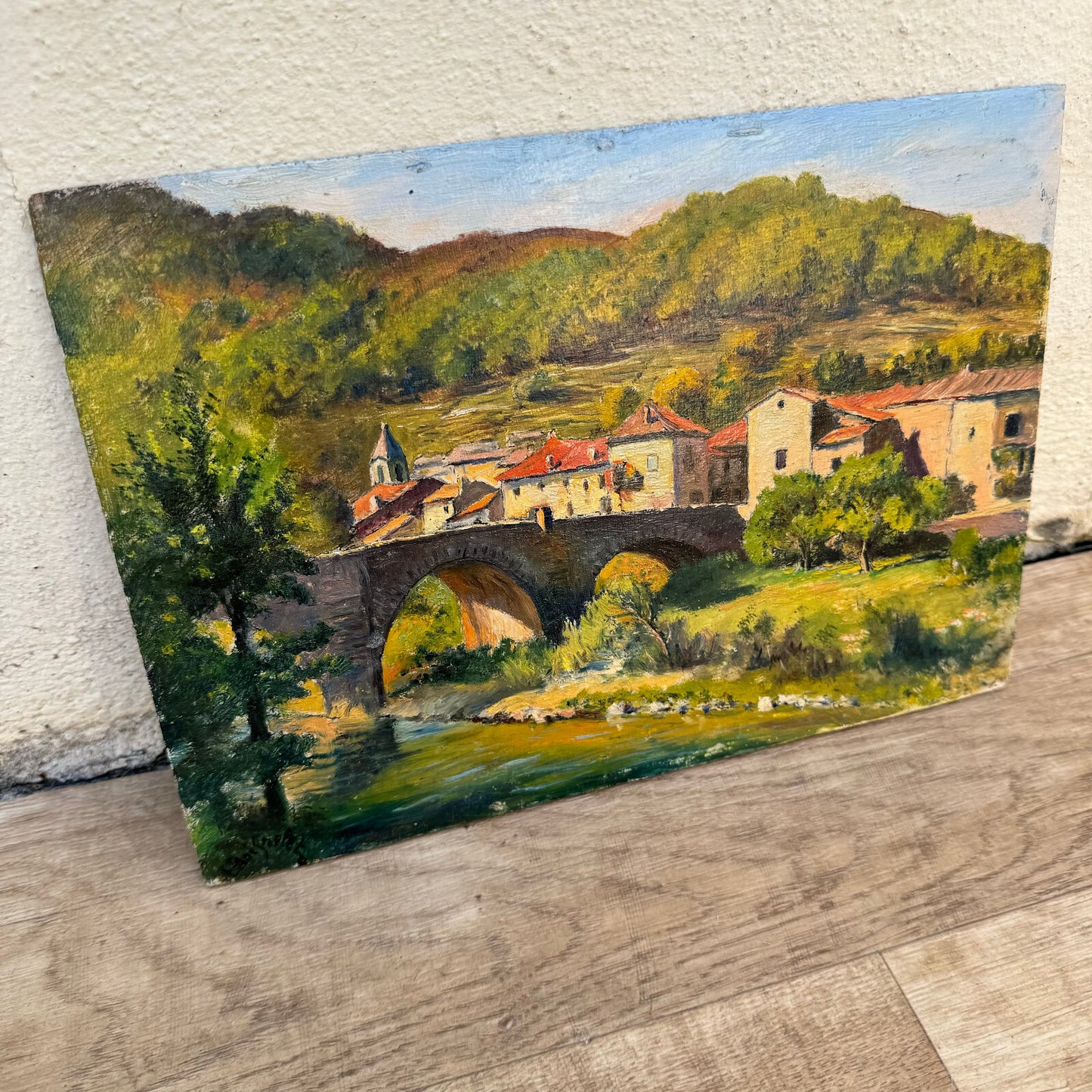 Vintage French Oil Painting Ardeche Village Bridge Signed Wood Panel 0706245 Fleamarketfrance