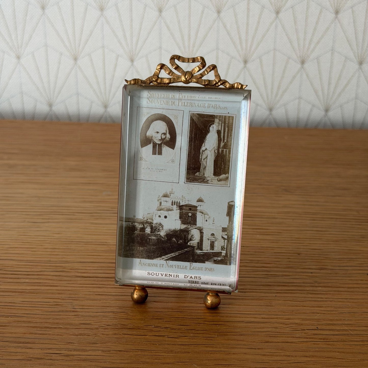 French Antique Brass Ribbon Bow Beveled Glass Photo Frame Cure d'Ars 27062612 Fleamarketfrance