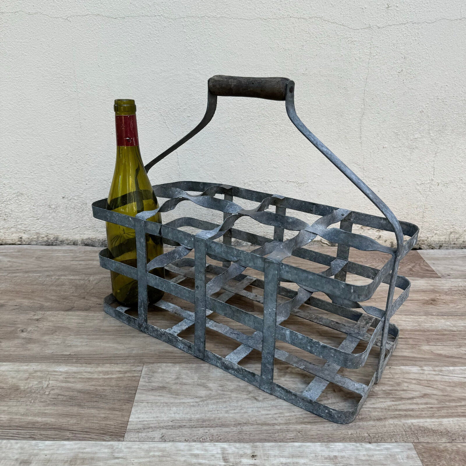 ANTIQUE VINTAGE FRENCH Handmade Metal 8 zinc Bottle Wine Carrier Basket 2208248 - Fleamarketfrance