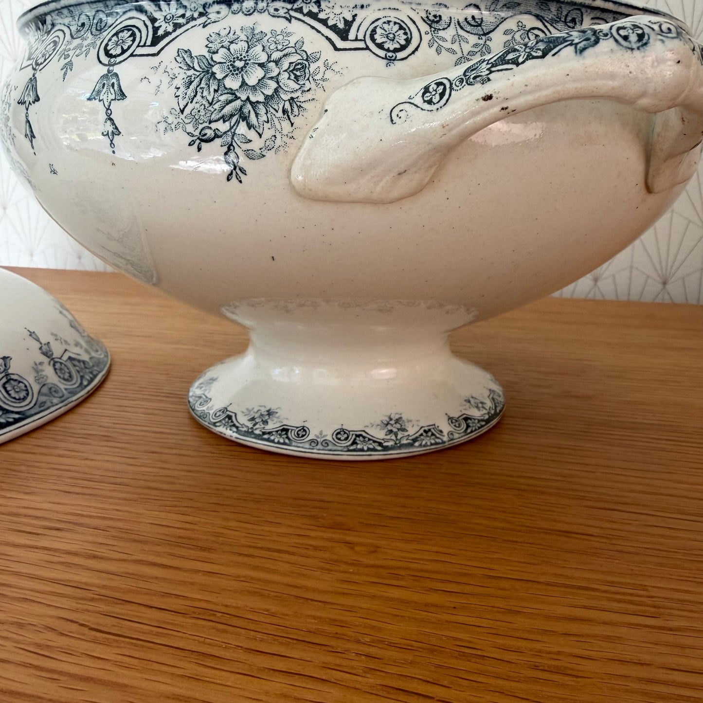 French Tureen Earthenware White Blue Fruits Bowl Terre De Fer  2210251