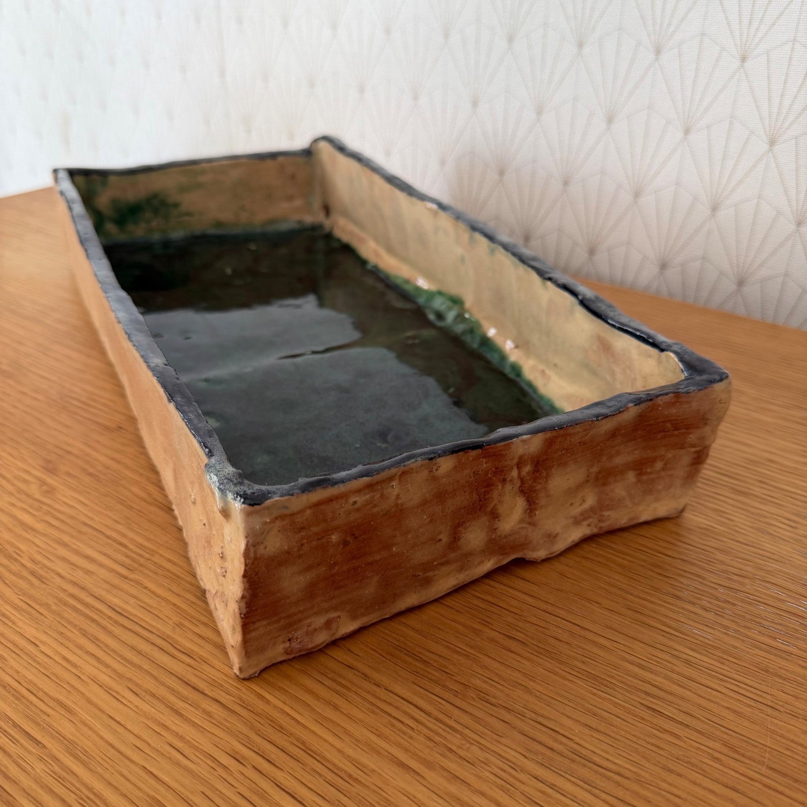 French Artist Studio Pottery Tray Green Glaze Handmade Vintage 1408269 Fleamarketfrance