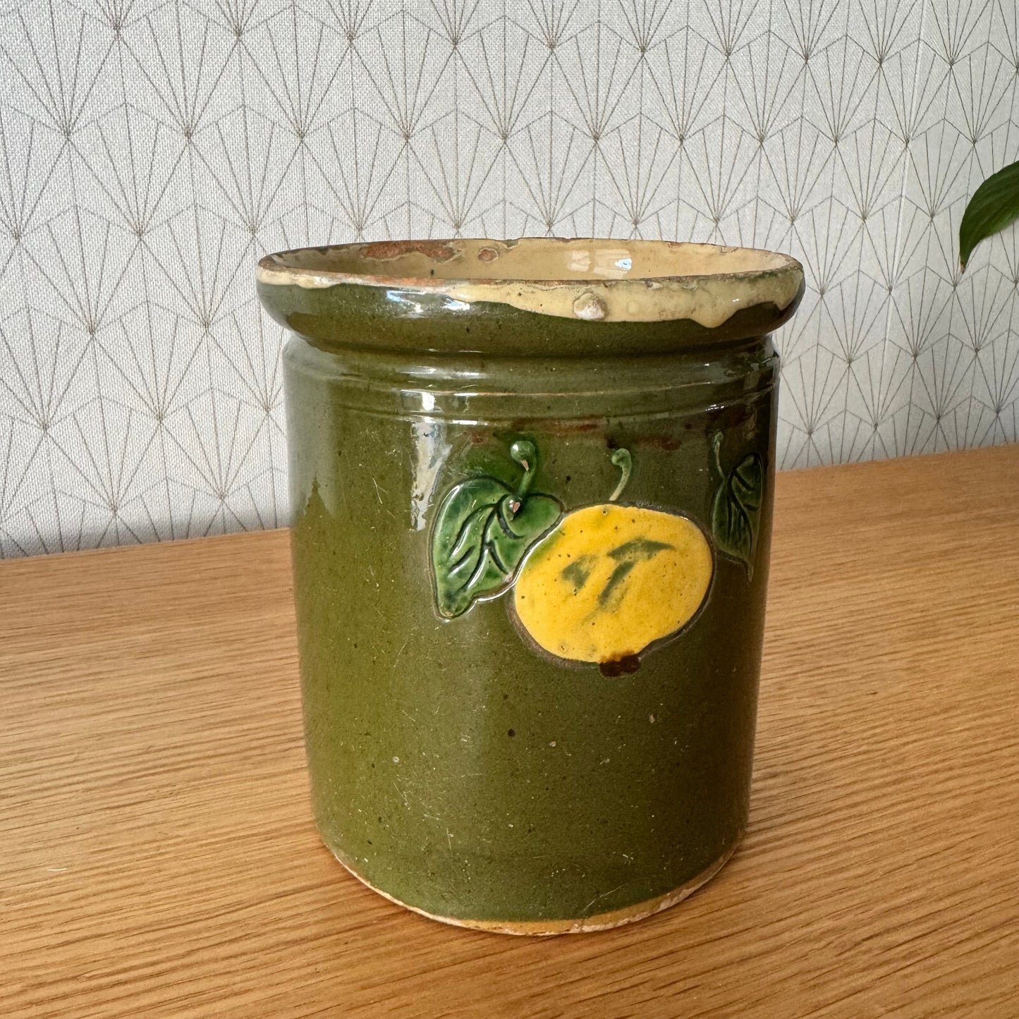 French Pottery Jam Jar Savoie Folk Art Green Glaze Antique 1906241 Unmarked