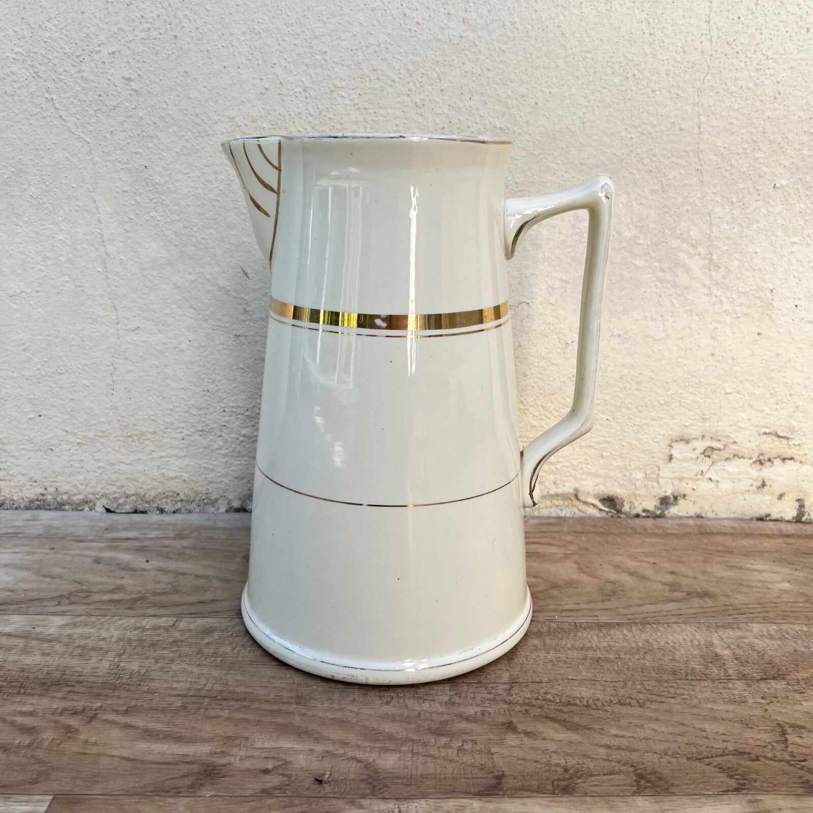 French Enamel Pitcher White Gold St Amand Hamage Water Jug 06102411 Fleamarketfrance