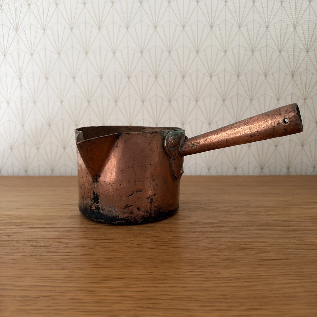 Antique French copper sugar pan with wooden handle, stamped E. Dehillerin Paris maker's mark