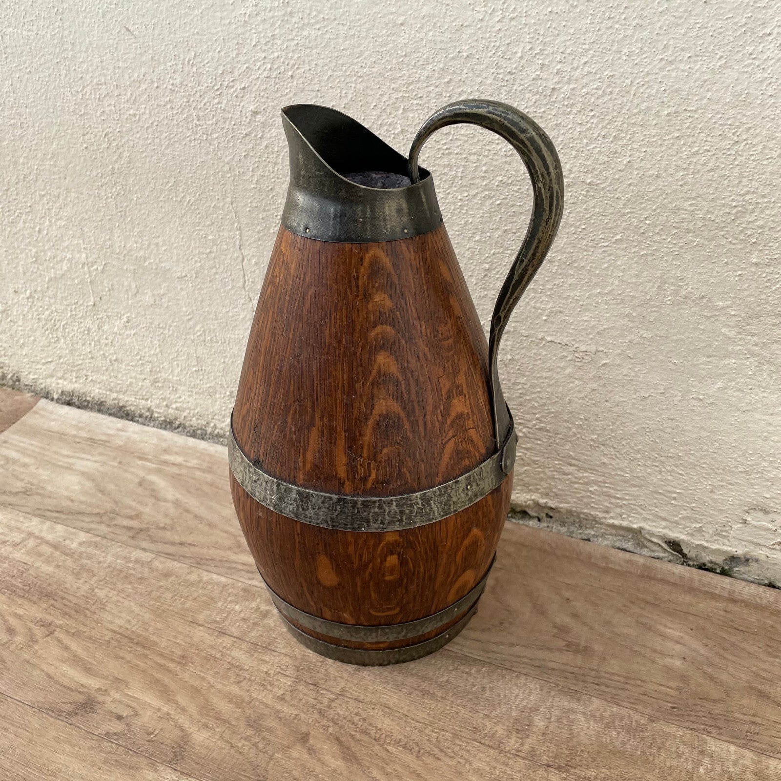 Antique French Wooden Wine Pitcher Staved Wood Metal Cider Jug 11.5" 1303251 Fleamarketfrance