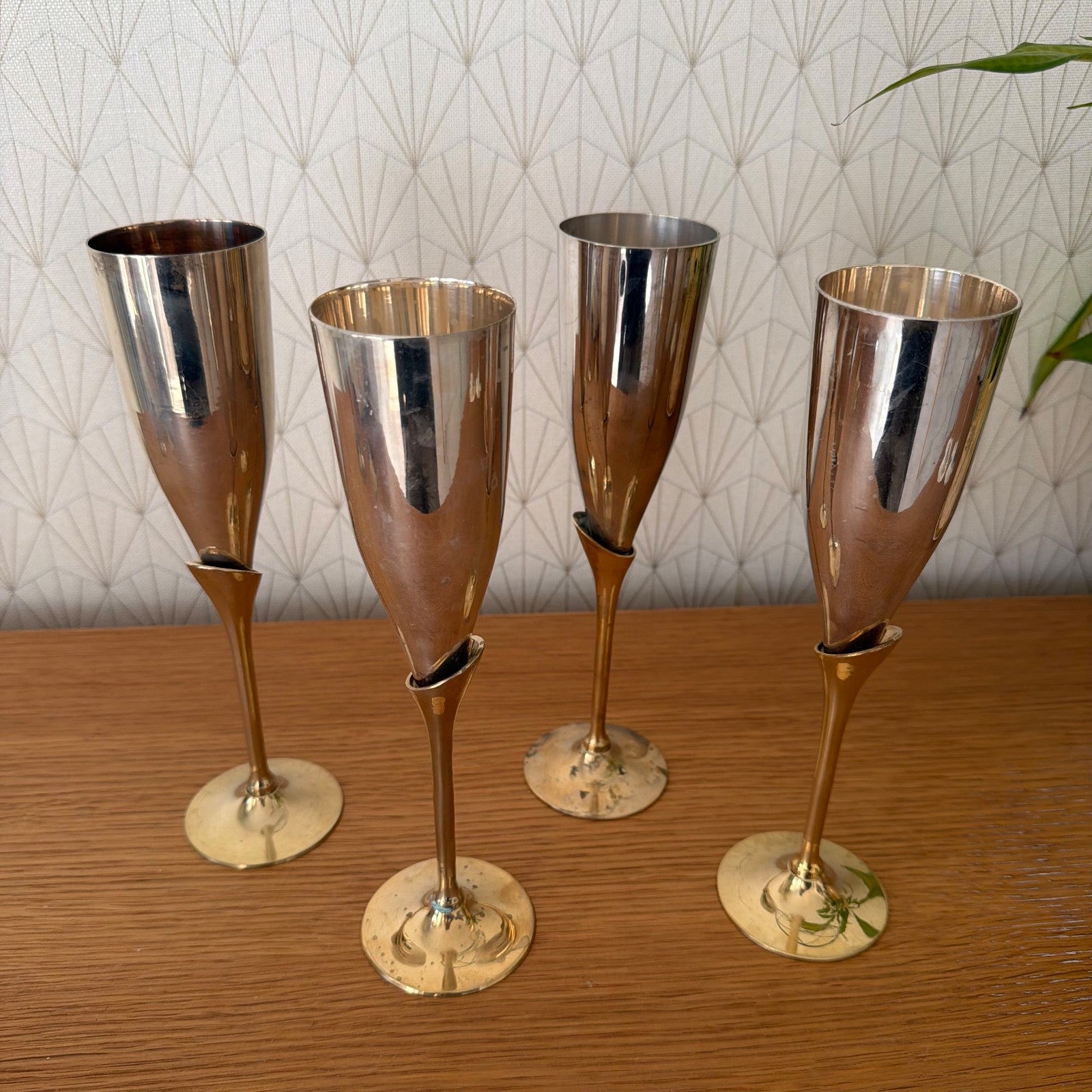 Vintage 4 silver gold champagne flutes silverplate glasses set 1805268 International Silver