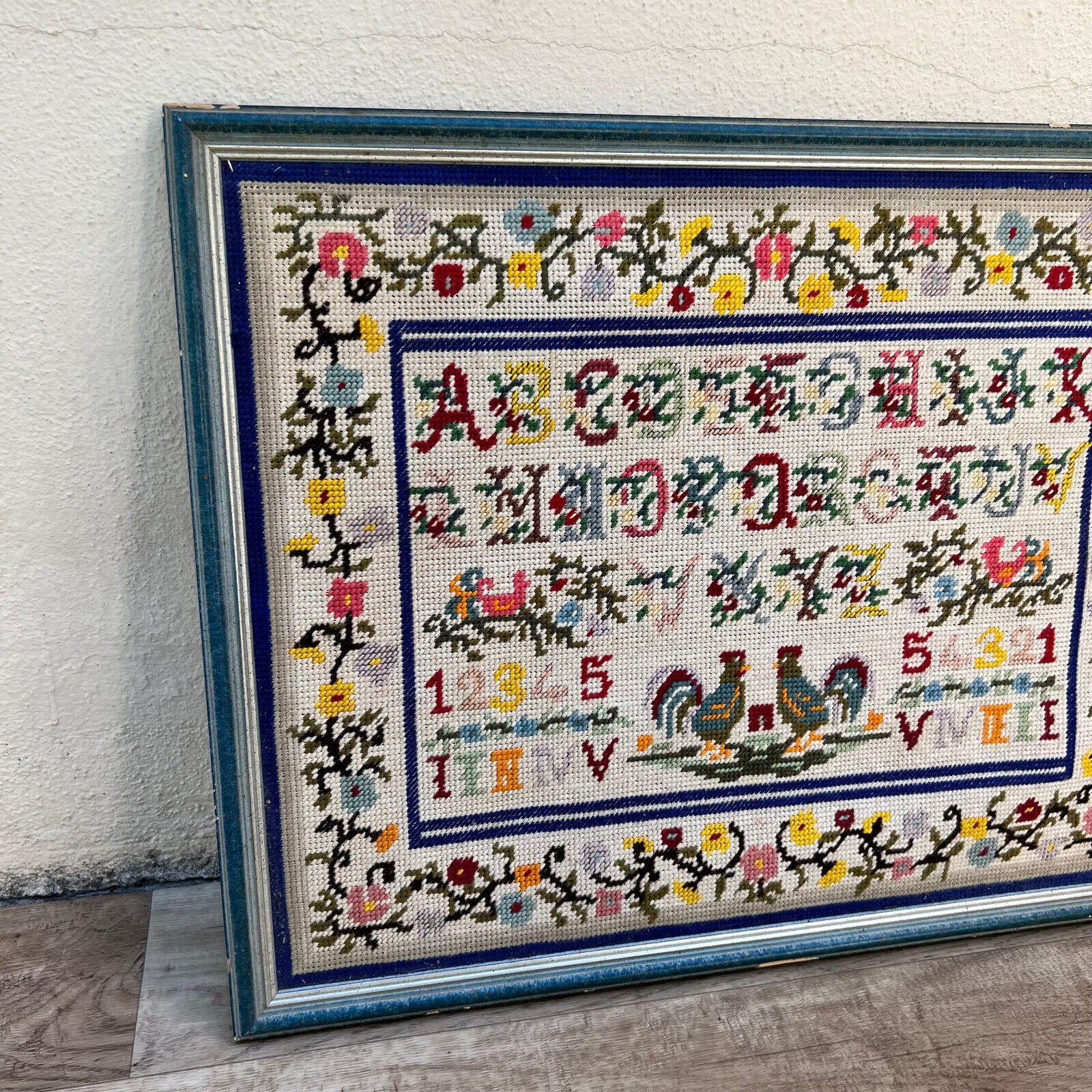 Vintage FRENCH finished cross stitch canvas ABC’s in Wood Tray alphabet 2607221 - Fleamarketfrance