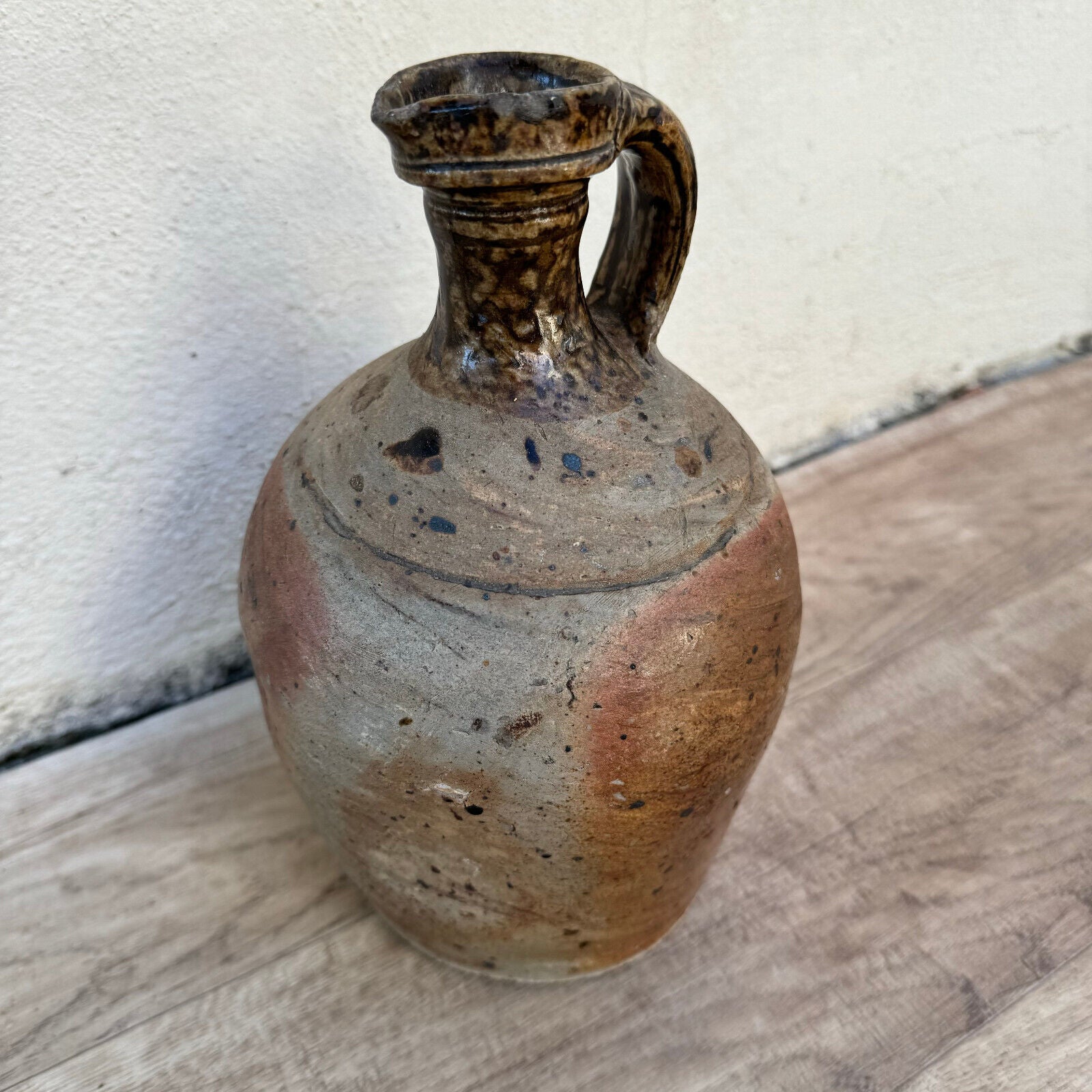 HANDMADE GLAZED BEIGE ANTIQUE FRENCH STONEWARE JUG PITCHER 0410231 - Fleamarketfrance