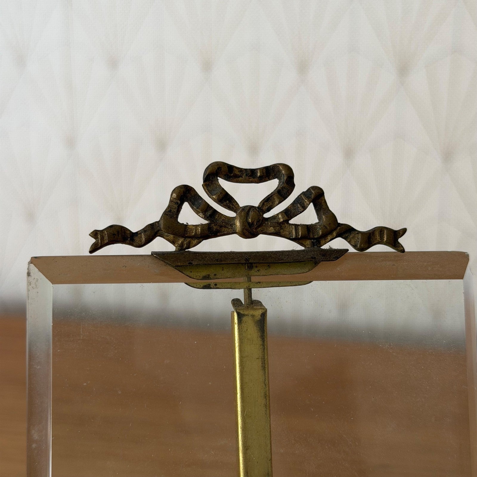 French Vintage Brass Glass Photo Frame Ribbon Bow Standing 27062614 Fleamarketfrance