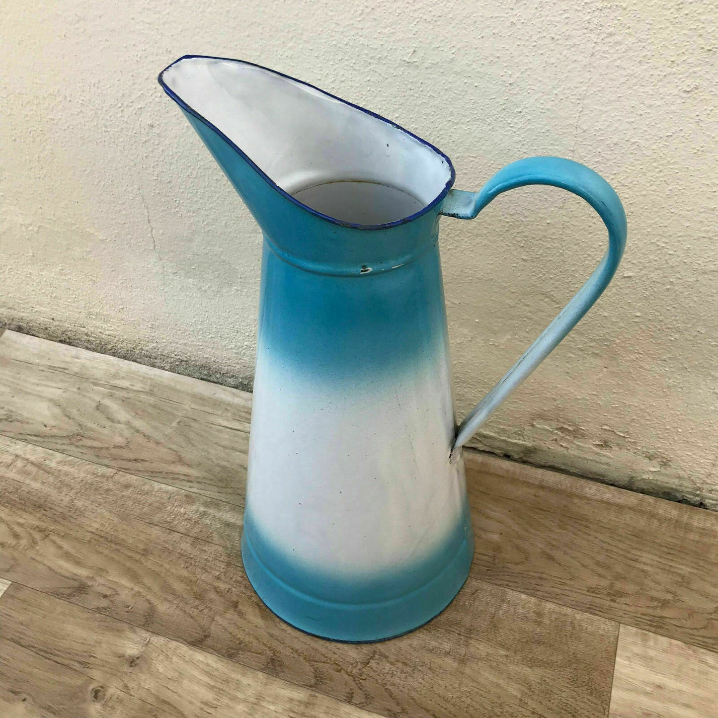 Vintage French Enamel Pitcher Blue White Gradient Water Jug 15" 0802187 Unbranded