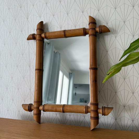 Vintage French wood faux bamboo WALL-HANGING MIRROR 03072511 Fleamarketfrance