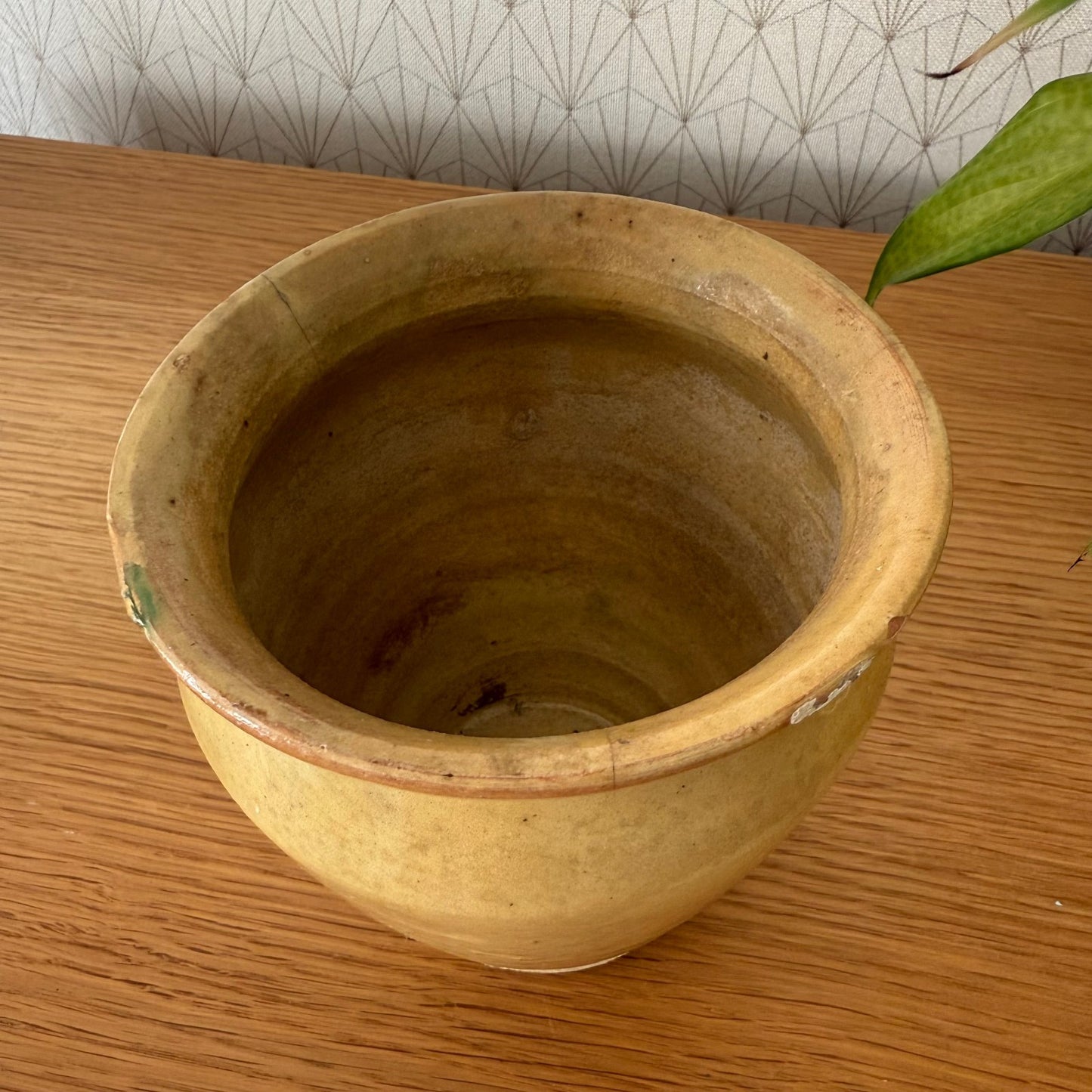 HANDMADE GLAZED YELLOW ANTIQUE FRENCH MUSTARD POT 6 1/2" TERRACOTTA 04072513 Unmarked