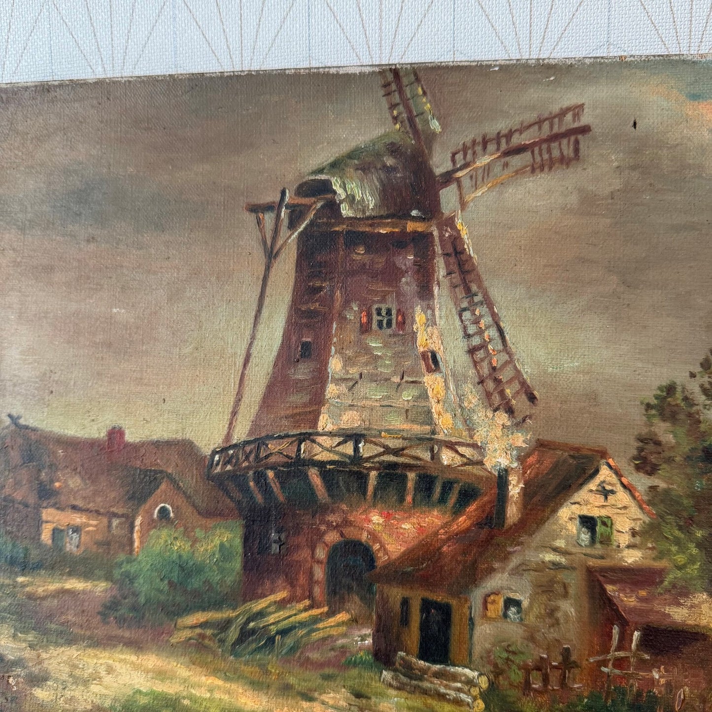 Antique Windmill Oil Painting on Canvas Signed Oscar Paul 1407268