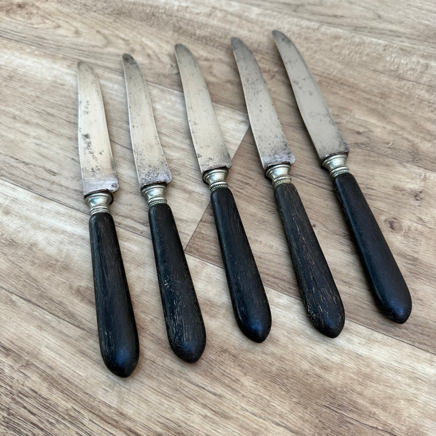 French Antique Dinner Knives Ebony Handles Silver Collars Set of 5 2608231 Unbranded