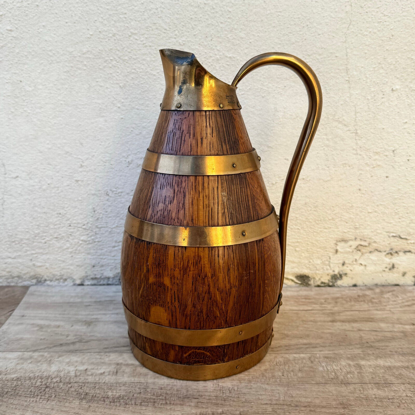 Vintage French Wooden Wine Cider Jug Pitcher Staved Wood Metal 9 3/4" 0405244 - Fleamarketfrance