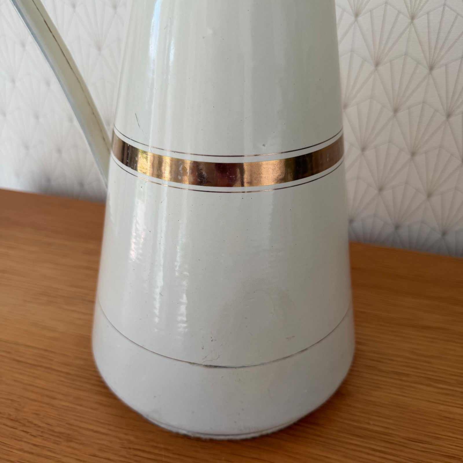 Vintage French Enamel Pitcher White Gold Band Water Jug Antique 1302265 Fleamarketfrance