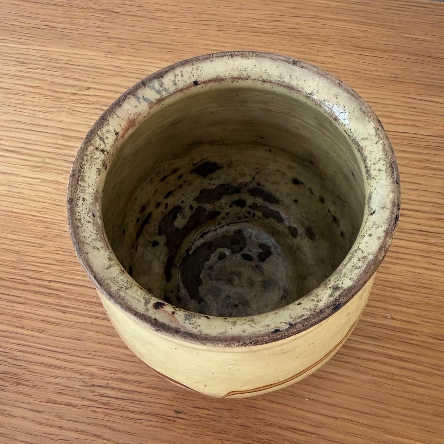 Vintage French Honey Pot Glazed Terracotta Yellow Marbled Brown Round 1006264 Unmarked