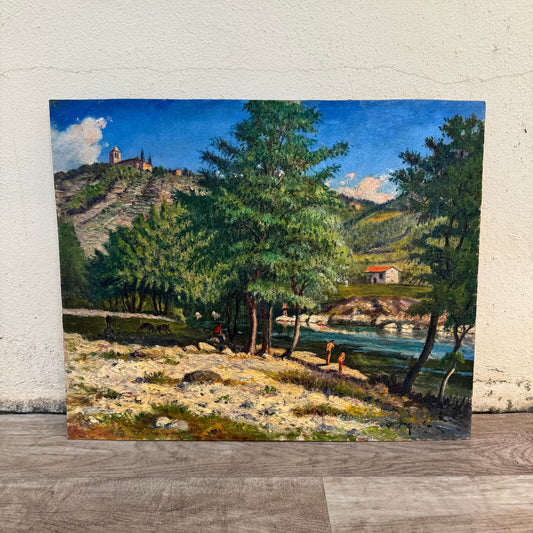 Vintage French Oil Painting Provence River Landscape Signed Wood 0706248 Fleamarketfrance