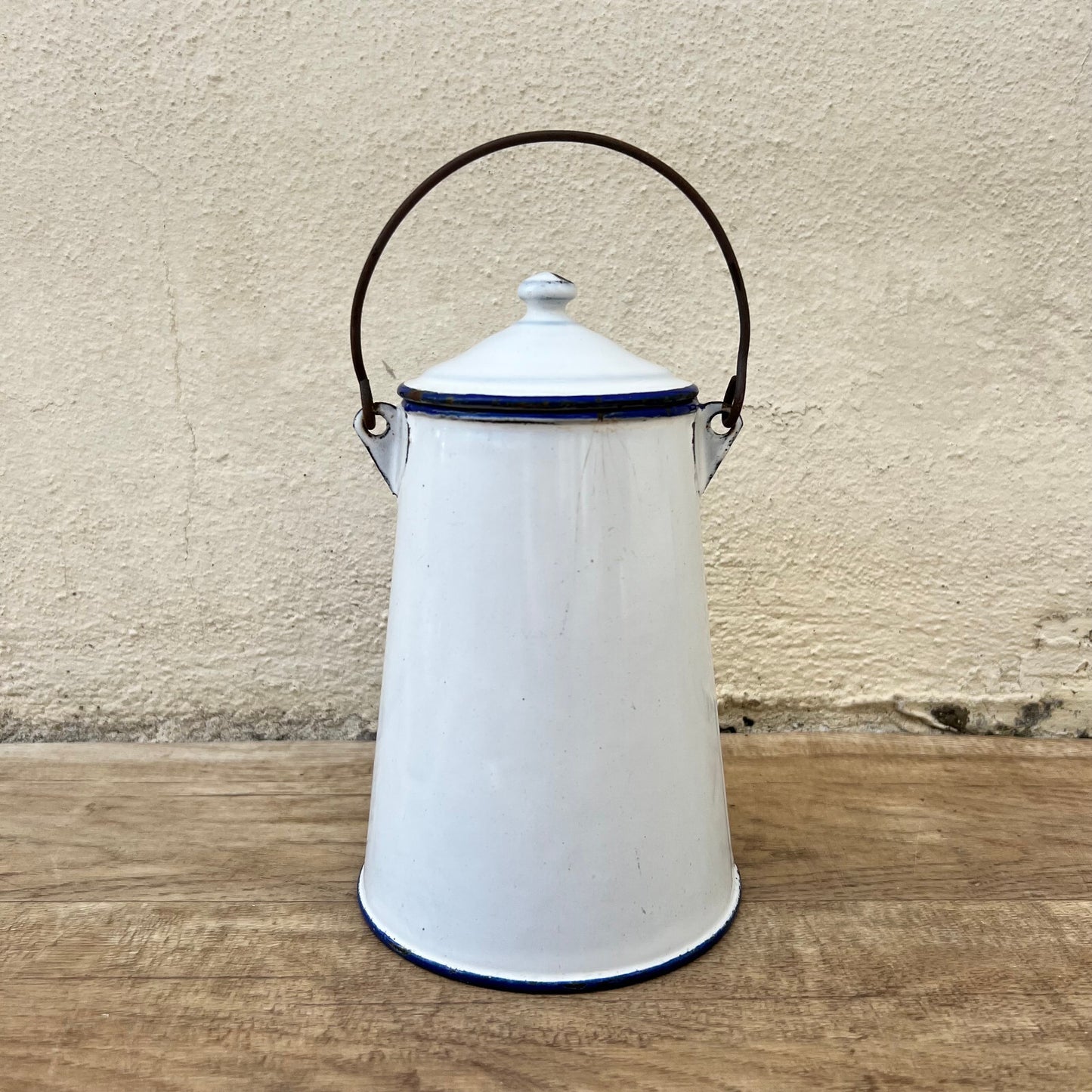 Vintage French Enamelware Coffee Pot White Blue Rim Wire Handle 3009223 Fleamarketfrance