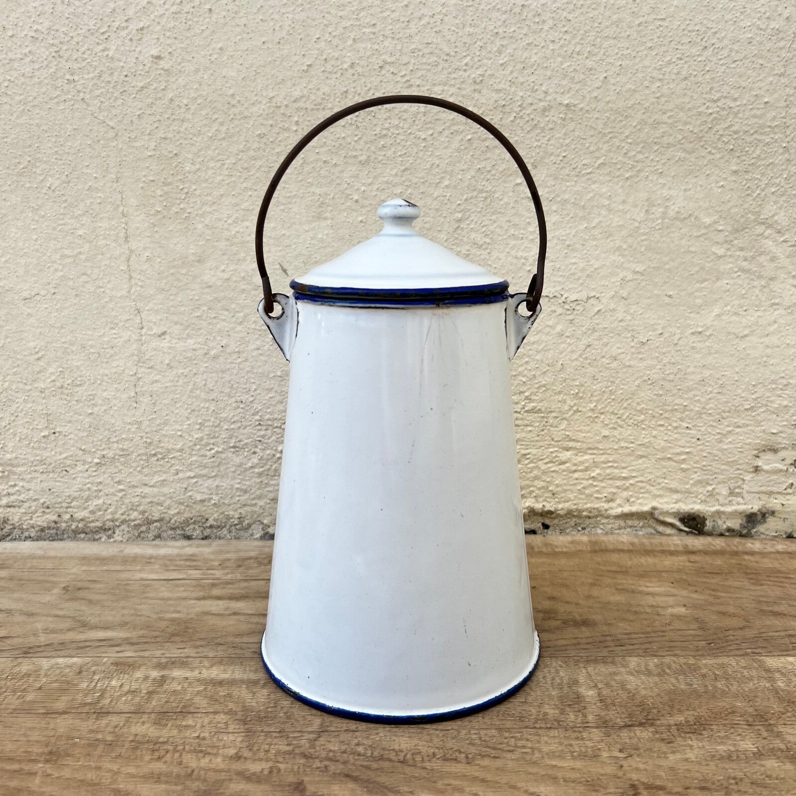 Vintage French Enamelware Coffee Pot White Blue Rim Wire Handle 3009223 Fleamarketfrance