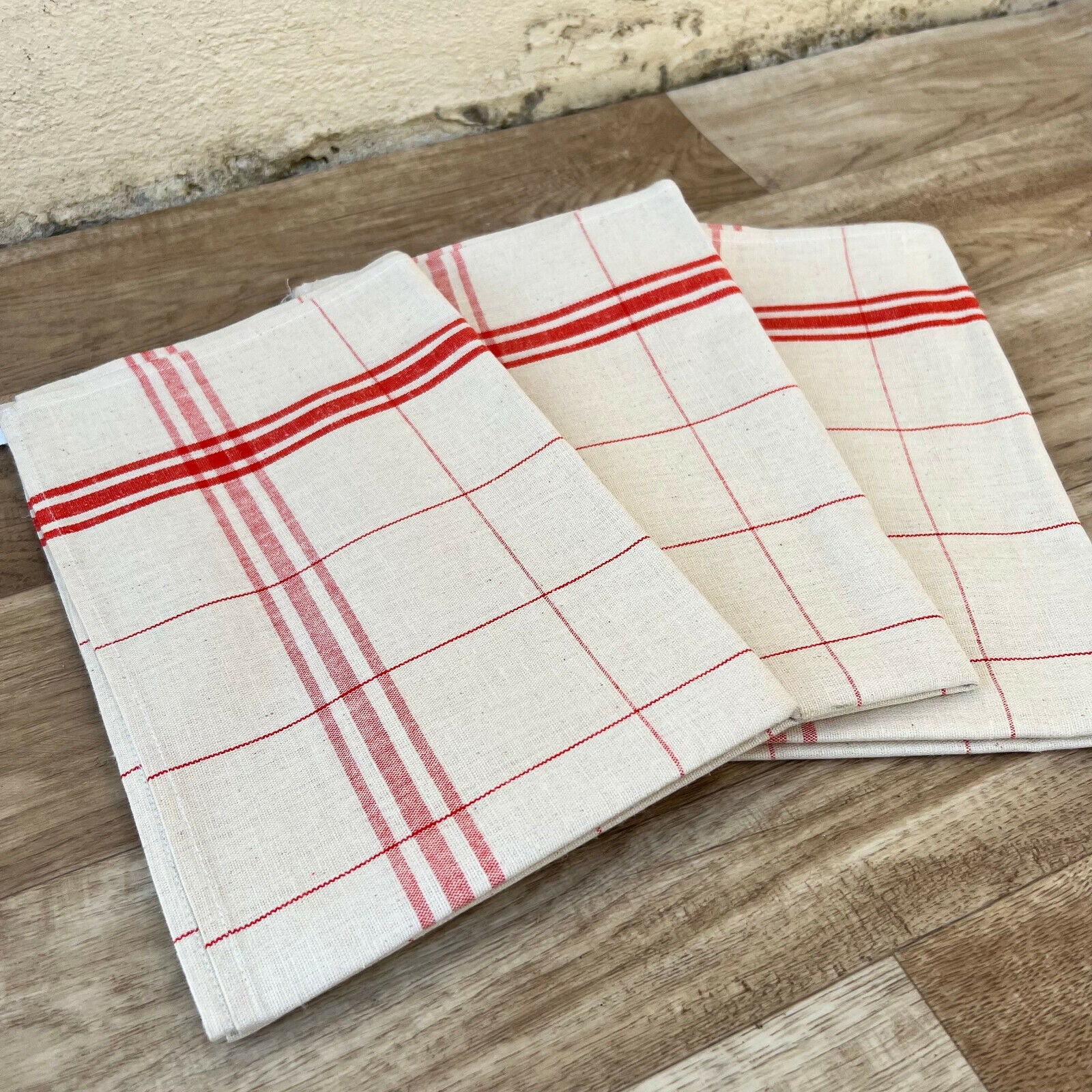 Vintage Rustic French Linen Red Stripe Tea Towel dish cloth Set of 3 25022214 - Fleamarketfrance