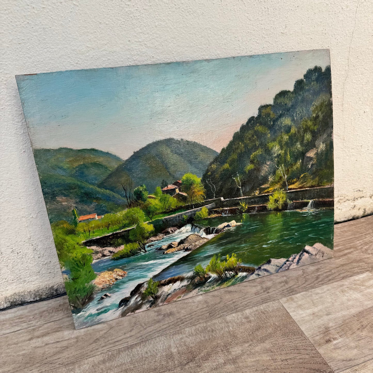 Vintage French Oil Painting Ardeche River Bridge Landscape Signed 0706247 Fleamarketfrance