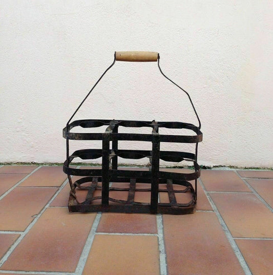 ANTIQUE VINTAGE FRENCH Handmade Zinc Metalware 6 Bottle Wine Carrier Basket - Fleamarketfrance