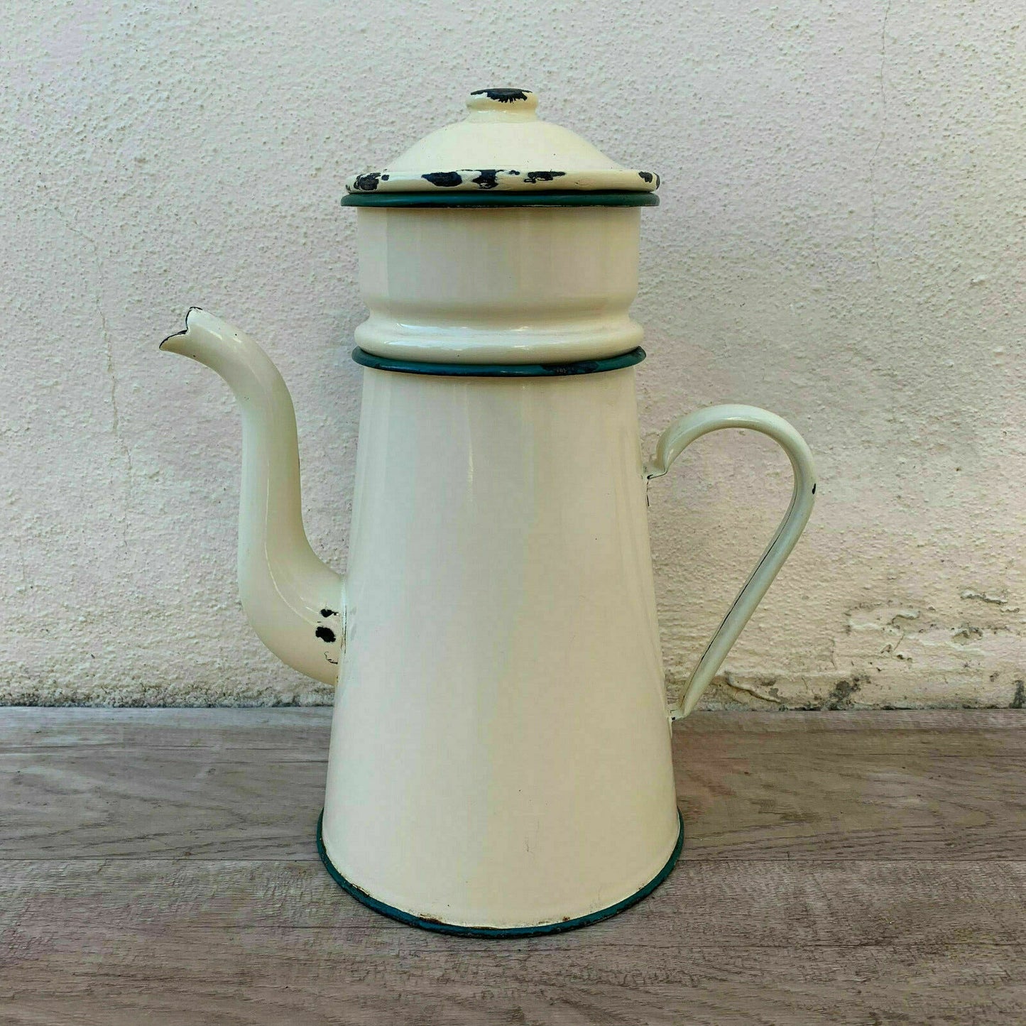 French Enamel Coffee Pot White Green Trim Vintage Enamelware 09041920 Fleamarketfrance