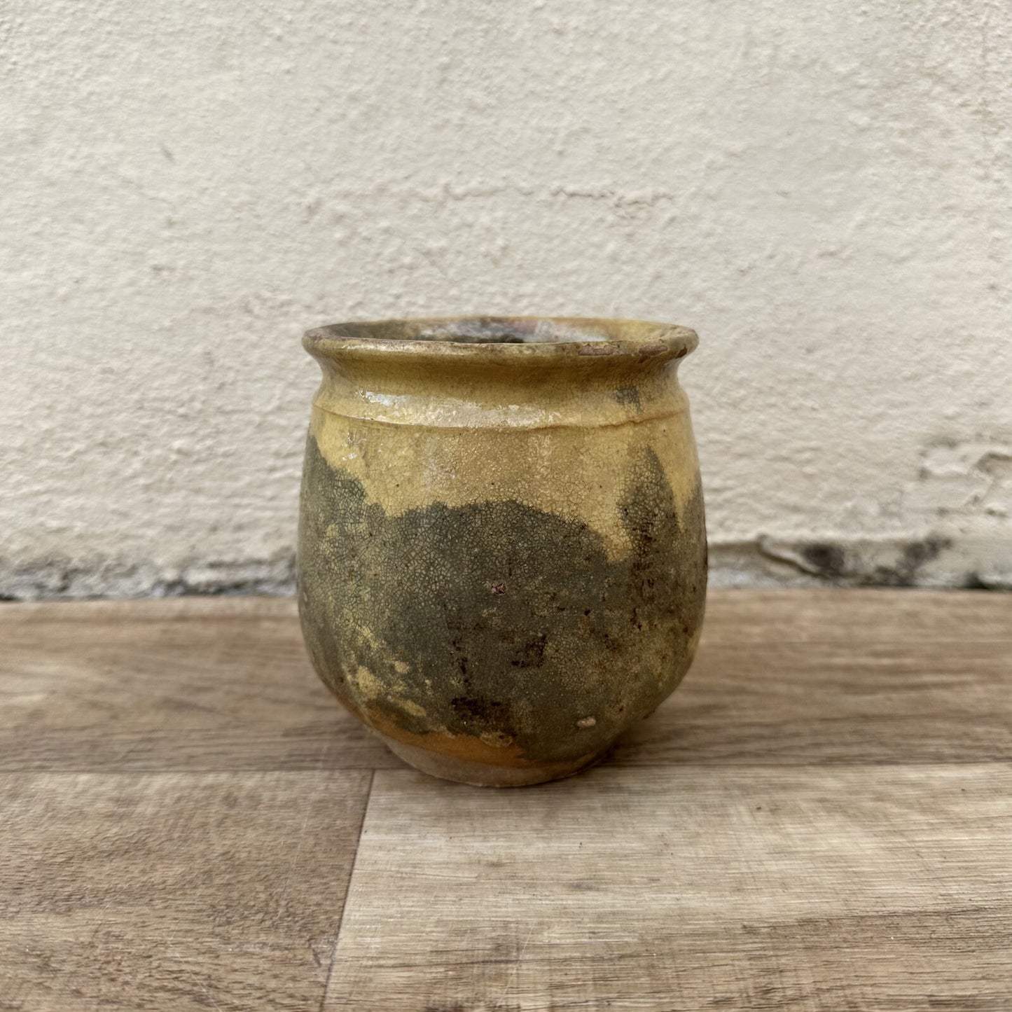 HANDMADE GLAZED YELLOW ANTIQUE FRENCH CONFIT POT SMALL STONEWARE 4 1/4" 1209241 Unmarked