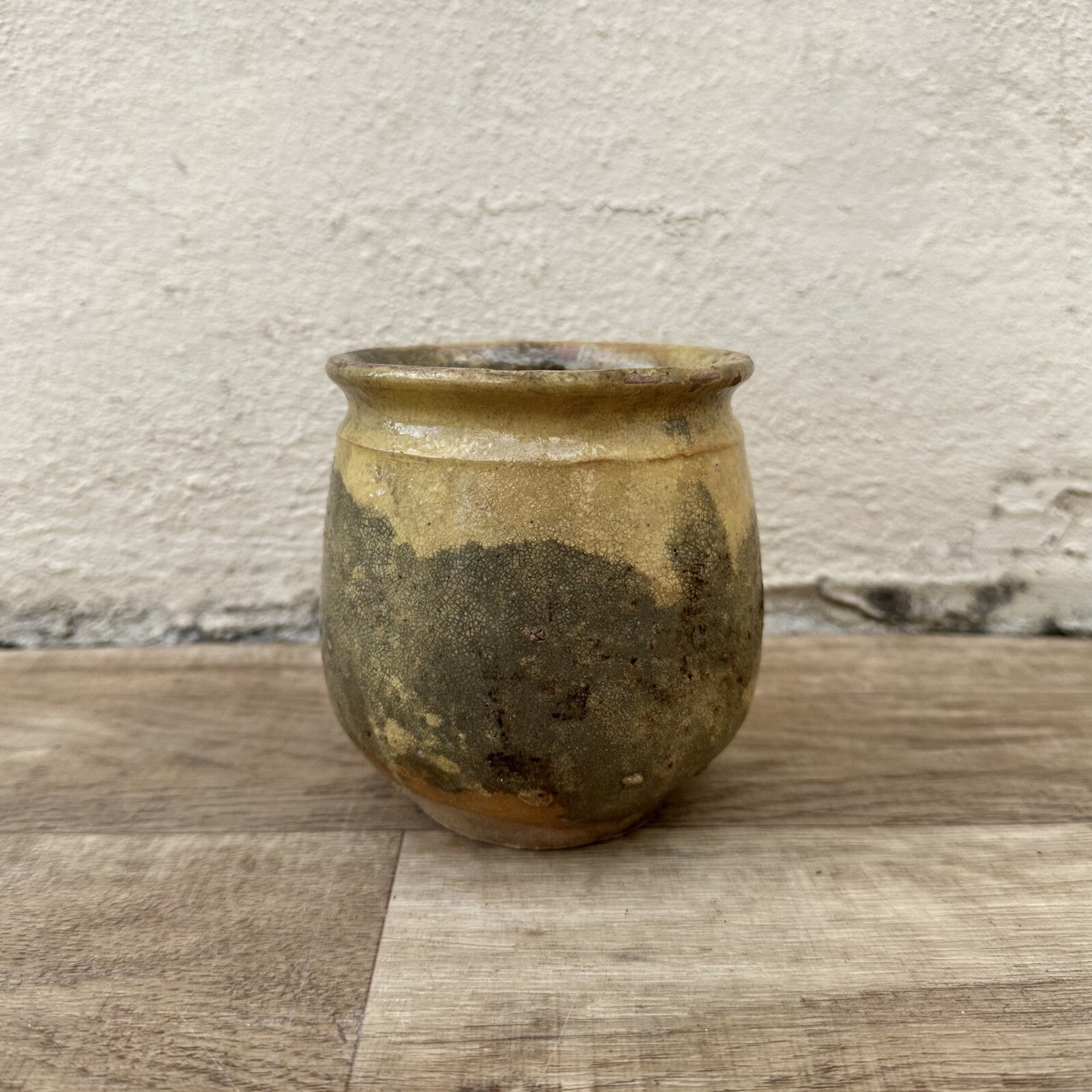 HANDMADE GLAZED YELLOW ANTIQUE FRENCH CONFIT POT SMALL STONEWARE 4 1/4" 1209241 Unmarked