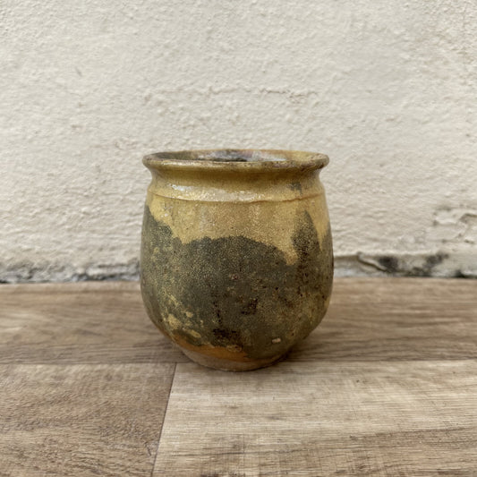 HANDMADE GLAZED YELLOW ANTIQUE FRENCH CONFIT POT SMALL STONEWARE 4 1/4" 1209241 Unmarked