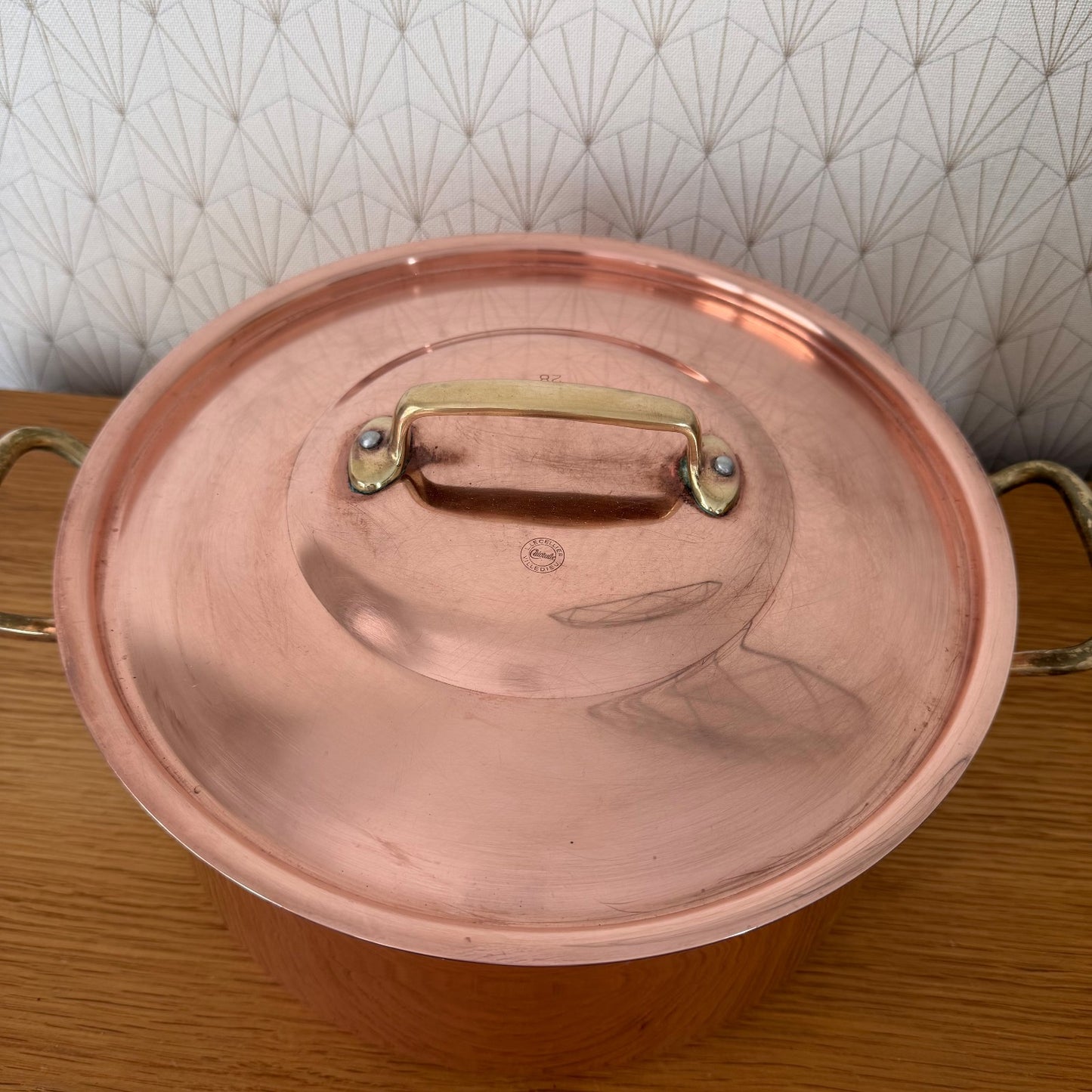 Cuivralec Villedieu-les-Poeles maker's stamp on copper stockpot interior