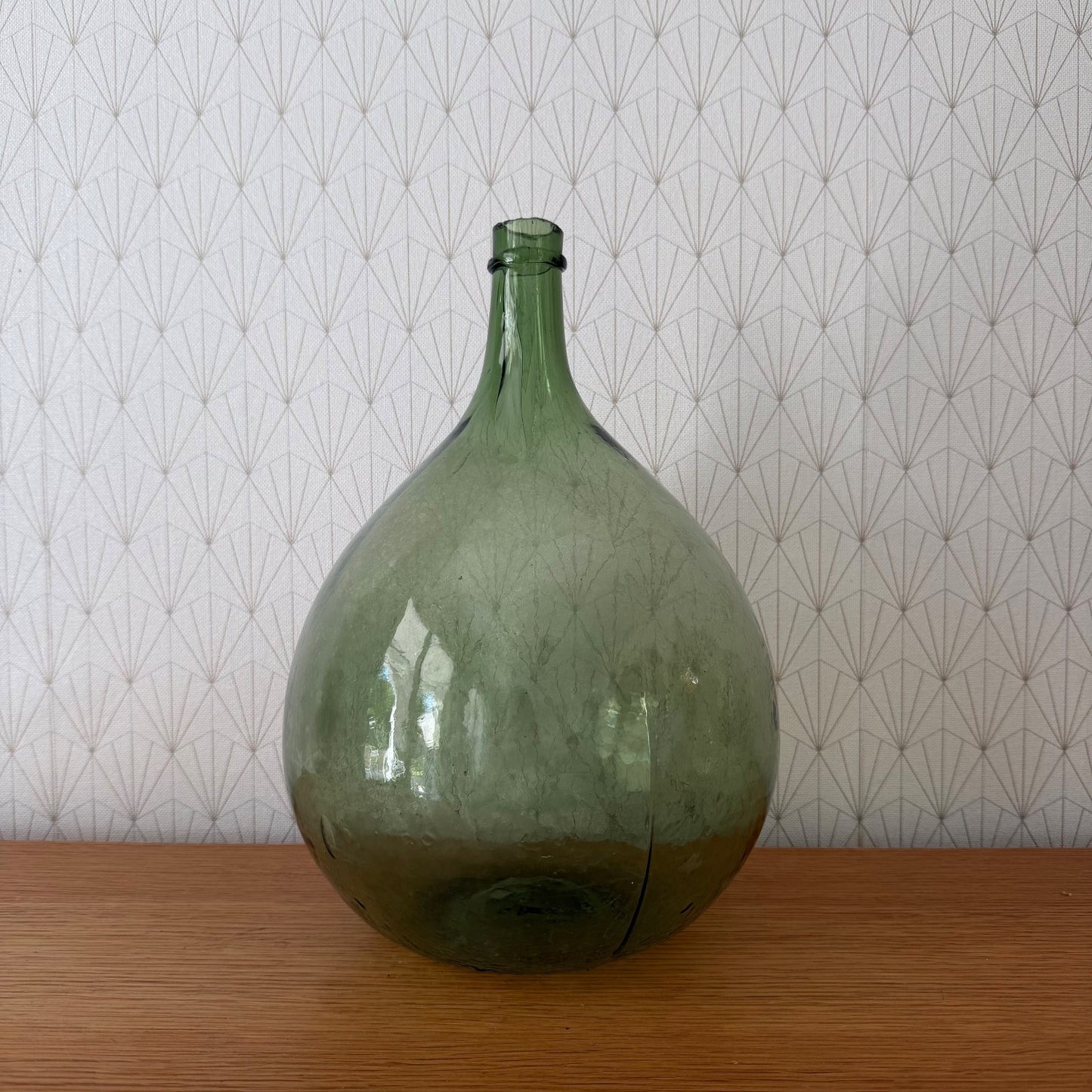 Antique French Dame Jeanne green glass demijohn wine bottle, full view