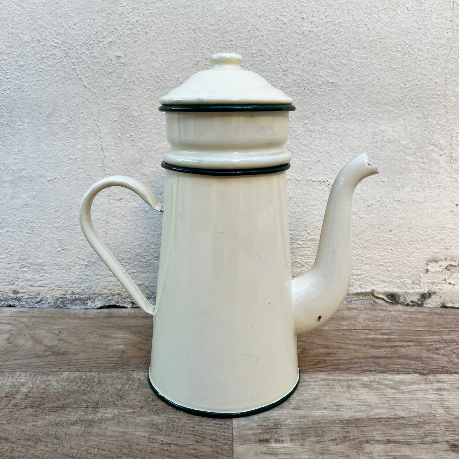 French Enamel Coffee Pot White Green Trim Vintage Enamelware 0610226 Fleamarketfrance