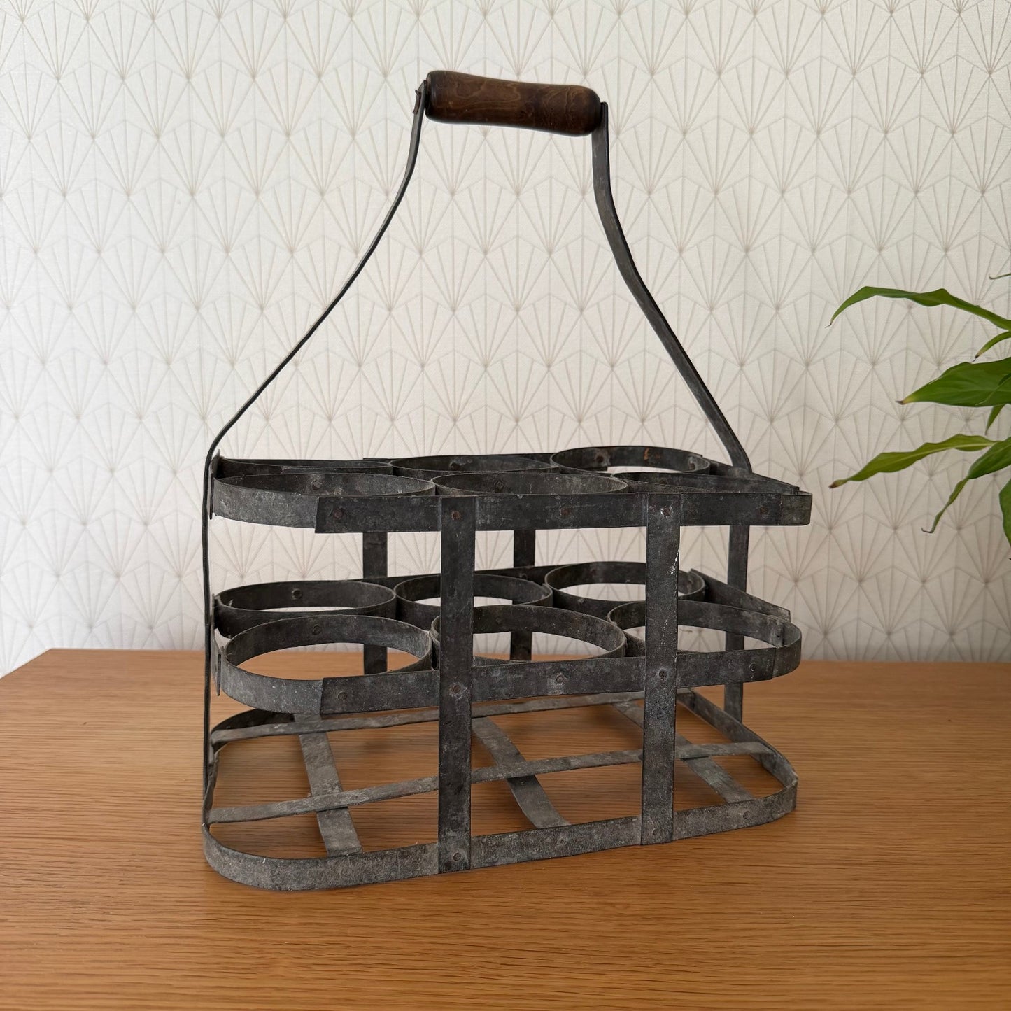 VINTAGE FRENCH Handmade Zinc Metalware 6 Bottle Wine Carrier Basket 08102512