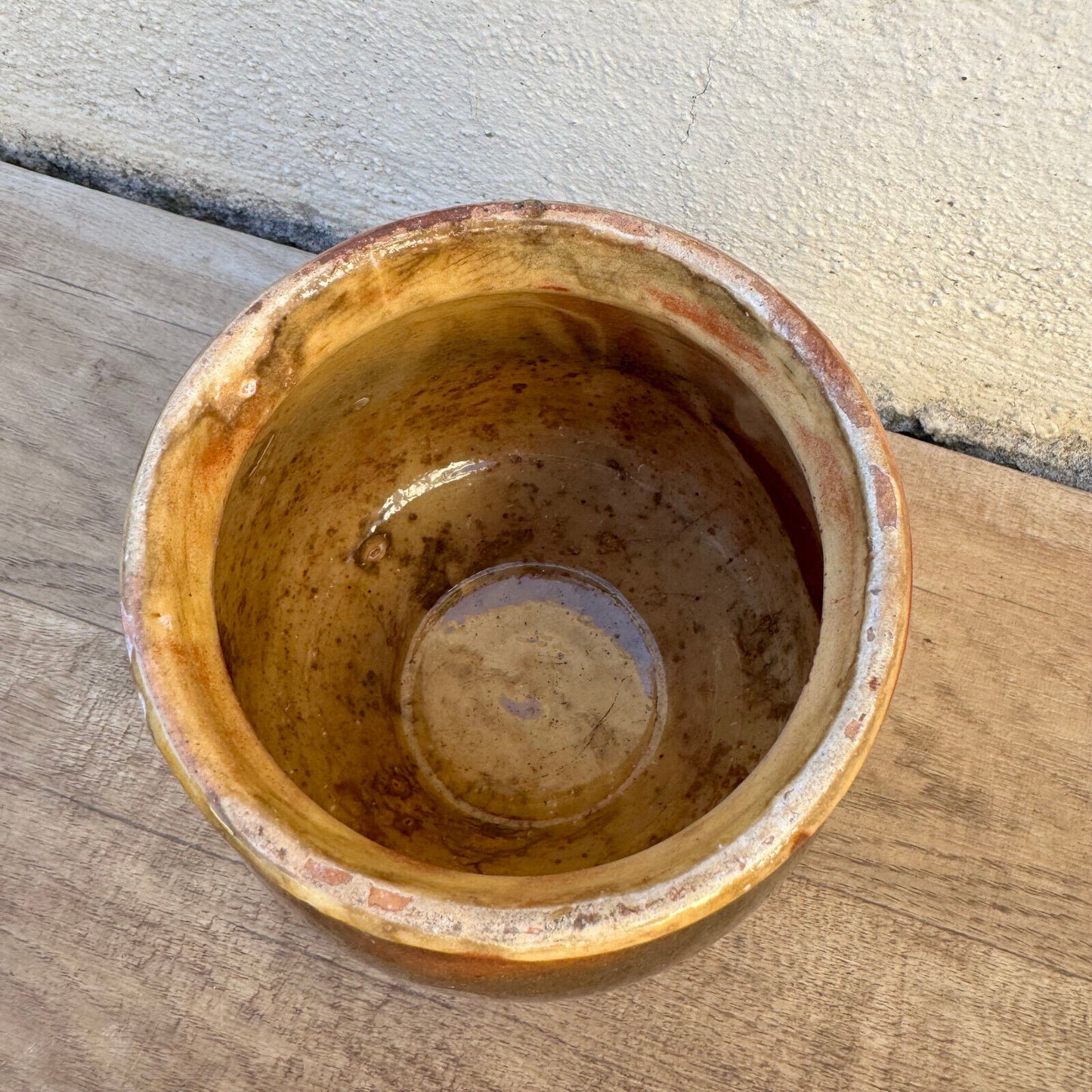 HANDMADE GLAZED BROWN YELLOW ANTIQUE FRENCH HONEY POT TERRACOTTA 1202254 - Fleamarketfrance