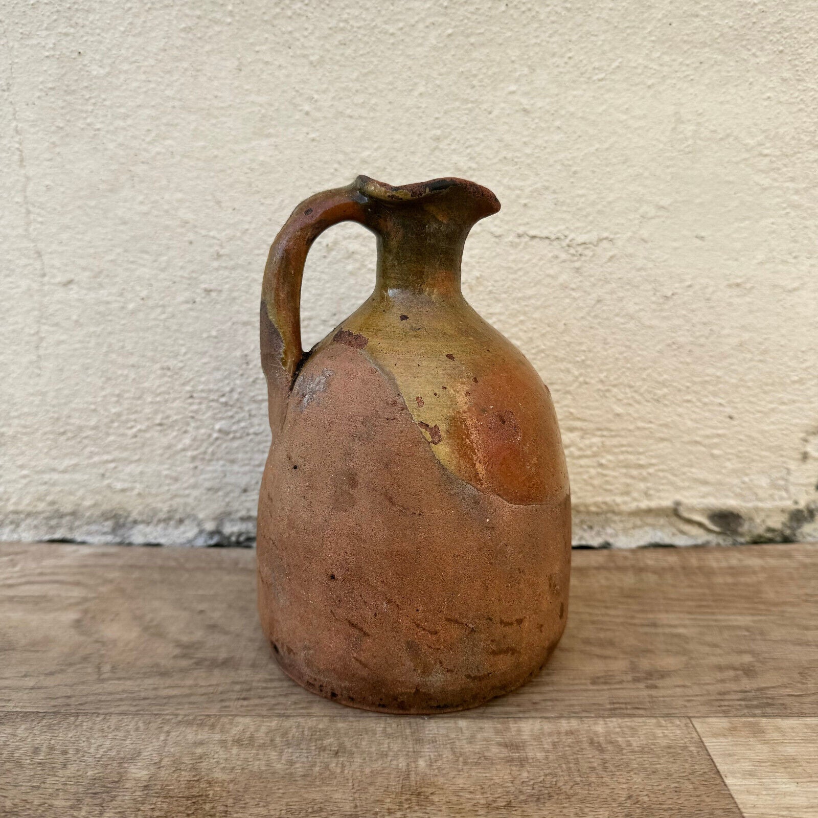 ANTIQUE HANDMADE GLAZED BEIGE BROWN FRENCH TERRA COTTA JUG PITCHER 06022415 - Fleamarketfrance