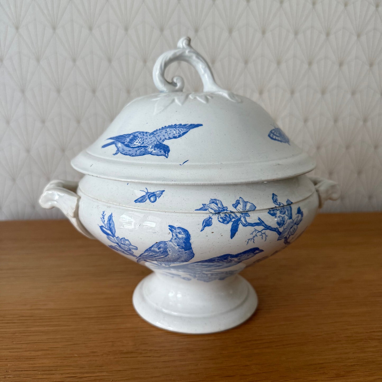 French Blue White Transferware Tureen St Amand Birds Flowers Vintage 1804251 Fleamarketfrance